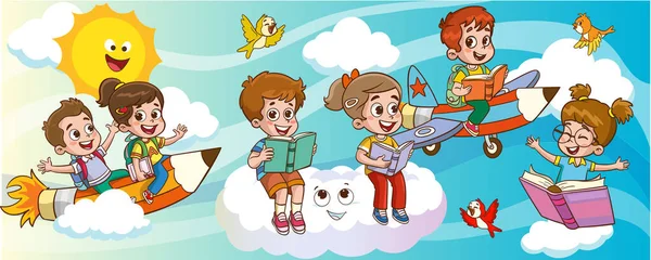 Imagens Educativas Divertidas Com Materiais Educativos Engraçado Criança Voando Colorido — Vetor de Stock