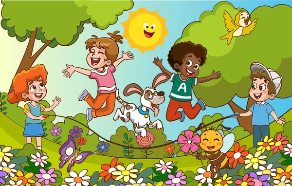 楽しさを持つ幸せな小さな子供たち 可愛い子供たちのベクトルイラストロープジャンプ — ストックベクタ