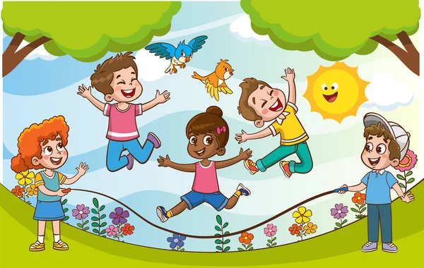 Счастливые Детишки Веселятся Векторная Иллюстрация Милых Детей Прыгающих Через Скакалку — стоковый вектор