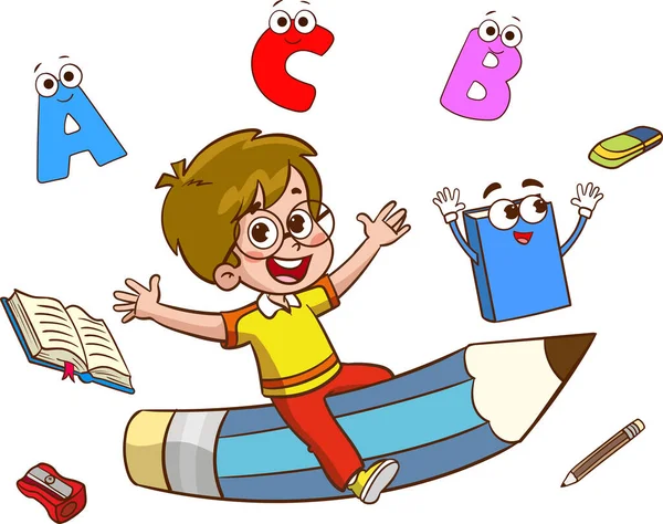 Забавные Образовательные Изображения Образовательными Материалами Смешной Ребенок Летит Цветном Векторе — стоковый вектор