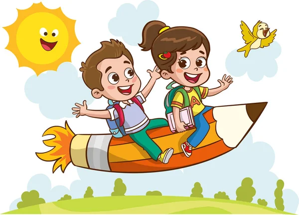 Roliga Pedagogiska Bilder Med Utbildningsmaterial Rolig Kid Flying Färgglada Penna — Stock vektor
