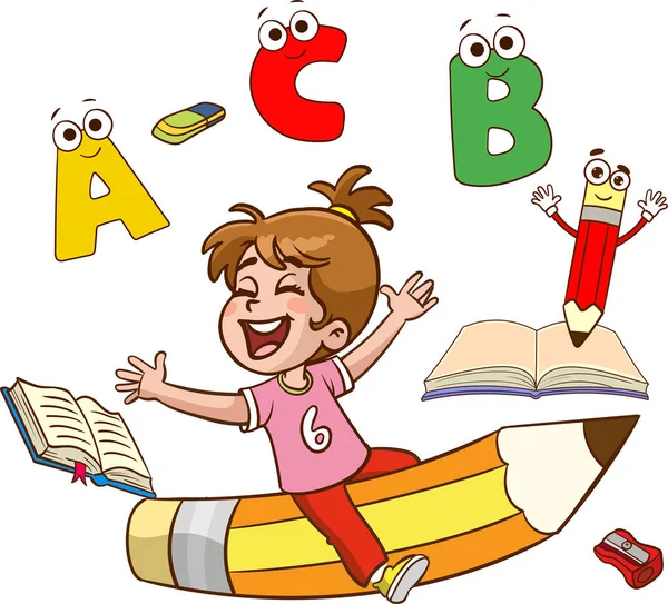 楽しい教材と教育用画像おかしい子供はカラフルな鉛筆漫画のベクトルで飛ぶ — ストックベクタ