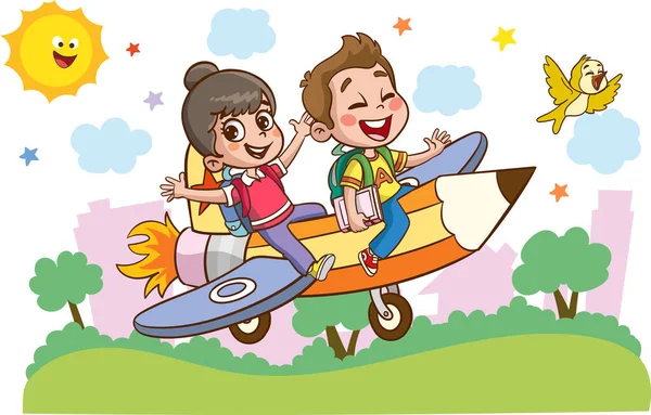 Szórakoztató Oktatási Képek Oktatási Anyagok Funny Kid Flying Színes Ceruza — Stock Vector