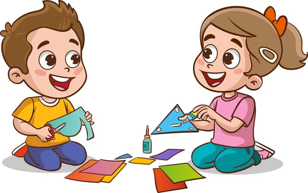 Μικρά Χαριτωμένα Παιδιά Κόβουν Χαρτί Για Την Τέχνη Φίλο — Διανυσματικό Αρχείο