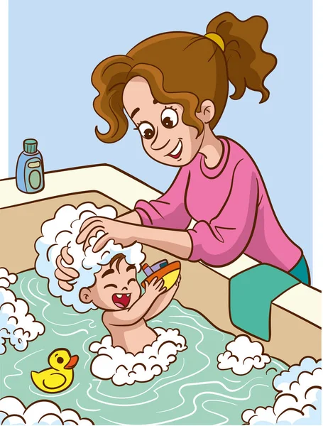 Mother Washing Her Little Child Bathroom — Stock Vector