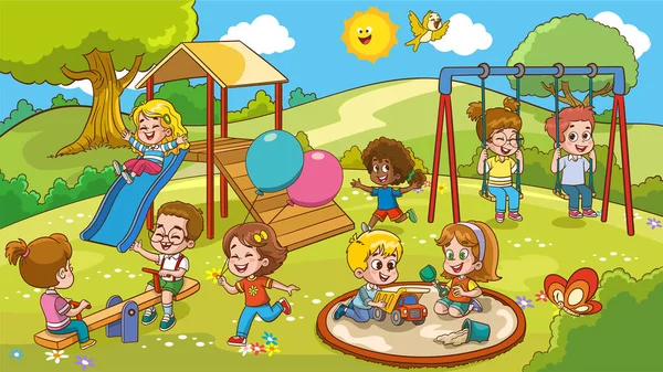 Vektorillustration Glücklicher Kinder Die Auf Einem Spielplatz Spielen — Stockvektor