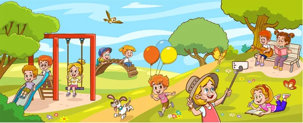 Çocuk Parkında Oynayan Mutlu Çocukların Vektör Çizimi — Stok Vektör
