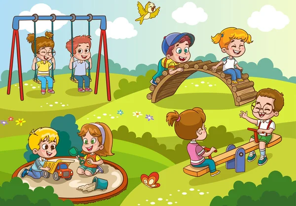 Illustration Vectorielle Enfants Heureux Jouant Dans Une Aire Jeux — Image vectorielle
