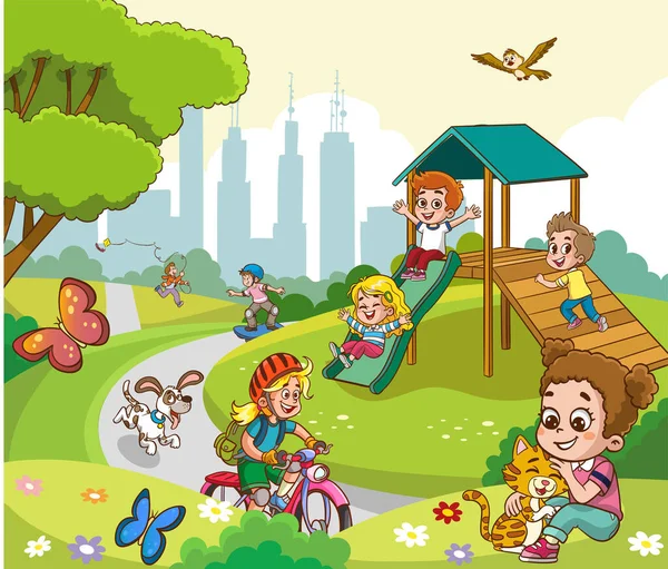 Εικονογράφηση Διάνυσμα Του Χαρούμενα Παιδιά Παίζουν Στην Παιδική Χαρά — Διανυσματικό Αρχείο