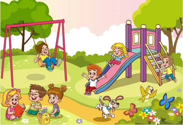 Εικονογράφηση Διάνυσμα Του Χαρούμενα Παιδιά Παίζουν Στην Παιδική Χαρά — Διανυσματικό Αρχείο
