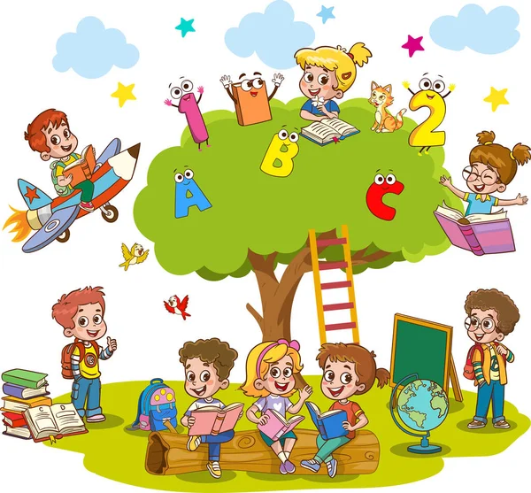 Ilustração Vetorial Crianças Personagens Alfabeto — Vetor de Stock