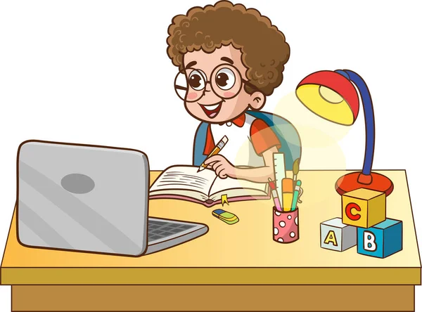 Illustration Liten Pojke Med Hjälp Dator — Stock vektor