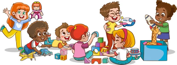 Crianças Bonitos Brincando Com Brinquedos Juntos —  Vetores de Stock