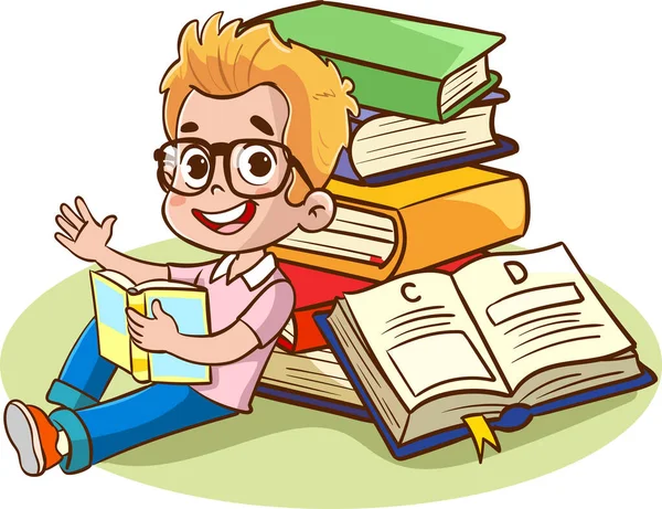 子供は本から学ぶ おとぎ話を読んでいる少年 カラフルな漫画のキャラクター 面白いベクトルイラスト 白地に隔離された — ストックベクタ