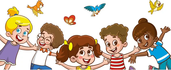 Los Niños Multiculturales Juegan Juntos Saltando Alegremente Bailando Divertido Contra — Vector de stock