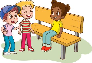 Çizgi film çocuğu ve bir kız birbirleriyle konuşuyorlar. Vektör illüstrasyonu. Çok ırklı karışık yaş çocukları bir bankta oturup sohbet ediyorlar. Mutlu bir şekilde gülümseyen ve gülen kız. 