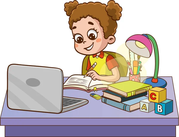 Küçük Şirin Çocuklar Masa Vektöründe Ders Çalışıyor — Stok Vektör