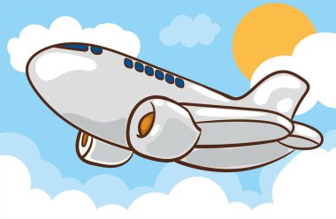 Gökyüzünde bir uçak. Bulutların vektör düzlüklerinde sivil uçak nakliyesi. Uçak uçuşu, gökyüzü bulutları, uçak ulaşımı çizimleri.