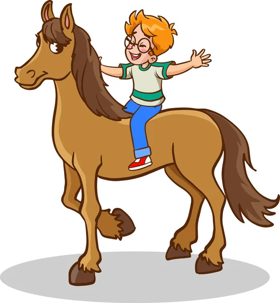 Cartoon Illustration Eines Kleinen Jungen Der Pferd Reitet — Stockvektor