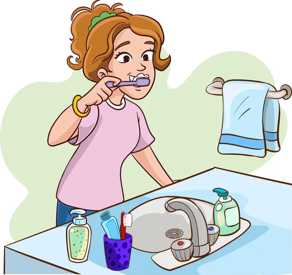Woman Brushing Her Teeth Vector Illustration — Stock Vector