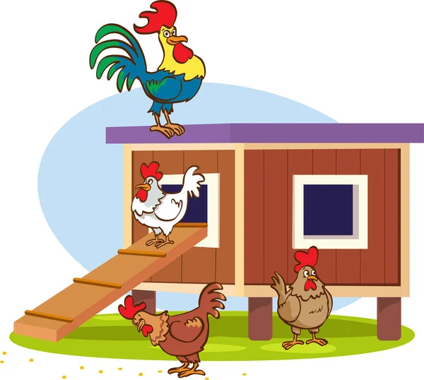 鶏と鶏とかわいい家のイラスト — ストックベクタ