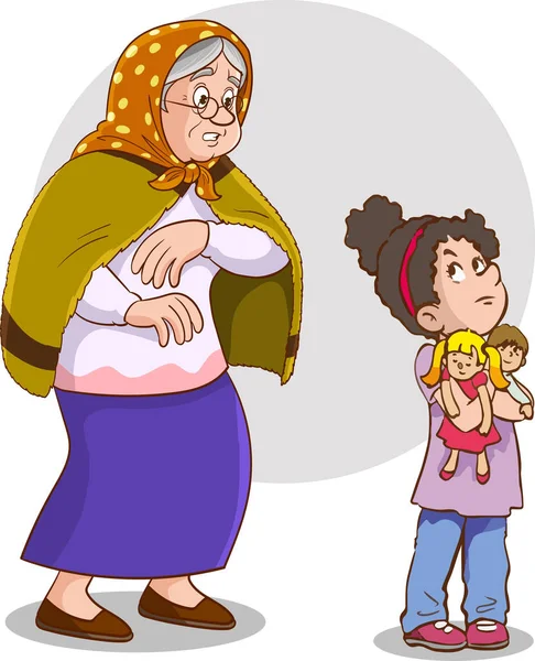怒ってる女の子とおばあちゃん白い背景で孫娘と話してるおばあちゃんの写真 — ストックベクタ
