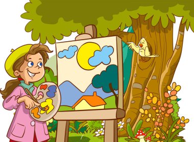 Sanat simgeleriyle tuvale resim yapan sanatçı çocuklar. karakter tasarımı. Yaratıcı insanlar vektör illüstrasyonu