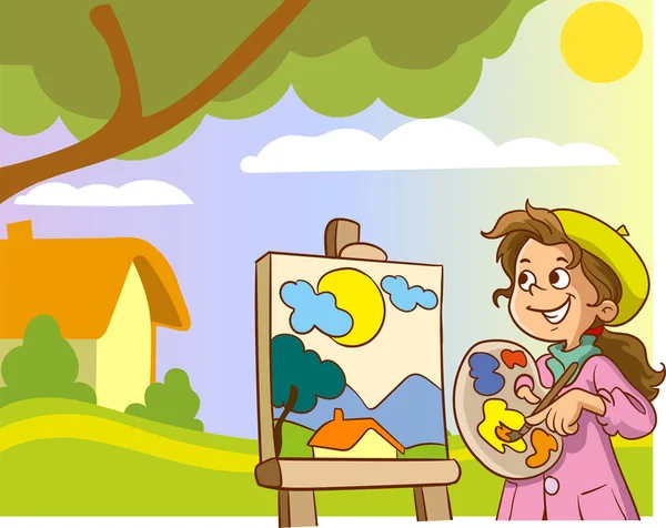Artista Crianças Pintura Sobre Tela Com Ícones Arte Design Personagem —  Vetores de Stock