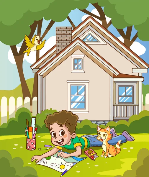 Niños Paintig Fondo Una Casa Dibujos Animados Vectoriales Ilustración — Vector de stock