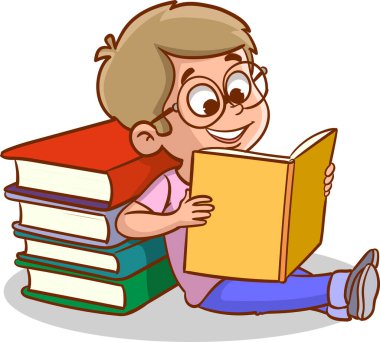 Çocuklar kitap okuyor. Çocuklar kitapla çalışıyor. Vektör illüstrasyonu
