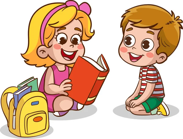 Anak Anak Lucu Membaca Bersama Vektor - Stok Vektor