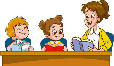 Mutlu şirin çocuklar ve öğretmen okulu vektörü. Öğretmen ve sevimli öğrenciler masada birlikte ders yapıyorlar..