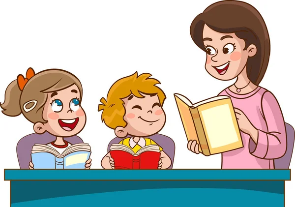 Χαρούμενα Χαριτωμένα Παιδιά Και Δάσκαλος Σχολείο Διάνυσμα Δάσκαλος Και Χαριτωμένο — Διανυσματικό Αρχείο