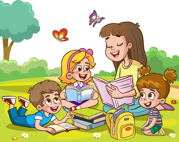 Δάσκαλος Ανάγνωση Βιβλίων Για Παιδιά Παιδιά Και Δάσκαλος Στην Εικόνα — Διανυσματικό Αρχείο