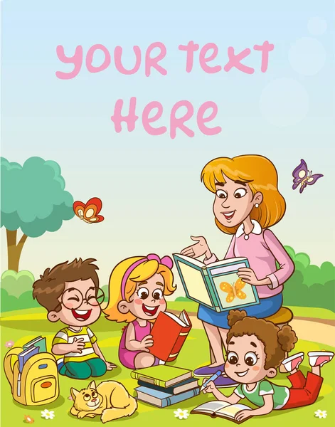 Enseignant Lisant Des Livres Aux Enfants Enfants Enseignant Dans Parc — Image vectorielle