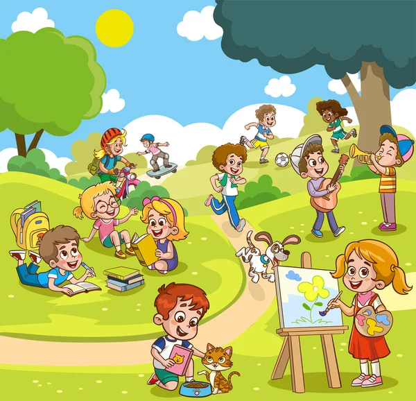 Skupinové Děti Hrají Tráví Čas Hrách Baví Blbnou Letní Aktivity — Stockový vektor
