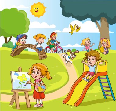 Grup çocukları oyun oynuyor, oyunlarda vakit geçiriyor, eğleniyor, oynaşıyor. Yaz aktiviteleri. Parkta çocuklar, yaz kampı öğretmenleri, çocuklara kitap okuyan anneler..