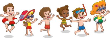 Şirin çocuklar deniz vektöründe eğleniyorlar.