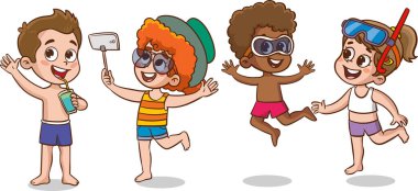 Şirin çocuklar deniz vektöründe eğleniyorlar.