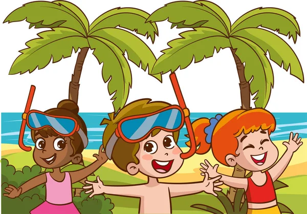 Χαριτωμένα Παιδιά Που Διασκεδάζουν Στο Διάνυσμα Της Θάλασσας — Διανυσματικό Αρχείο