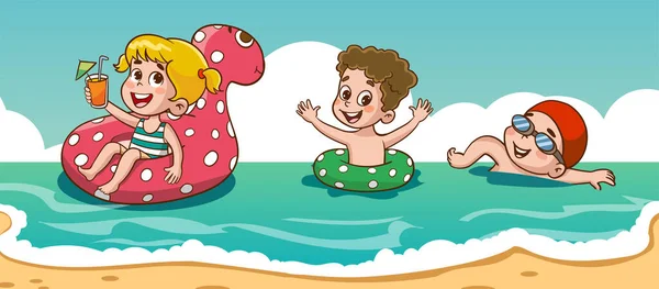 Χαριτωμένα Παιδιά Που Διασκεδάζουν Στο Διάνυσμα Της Θάλασσας — Διανυσματικό Αρχείο