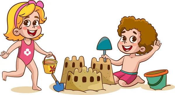 Дети Строят Песчаный Замок Пляже — стоковый вектор