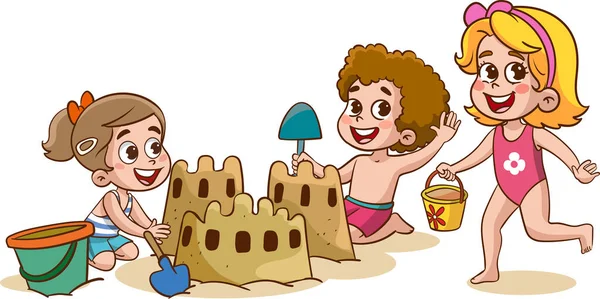 Children Making Sand Castle Beach — Stock Vector