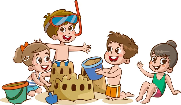 Çocuklar Kumsalda Kumdan Kale Yapıyorlar — Stok Vektör