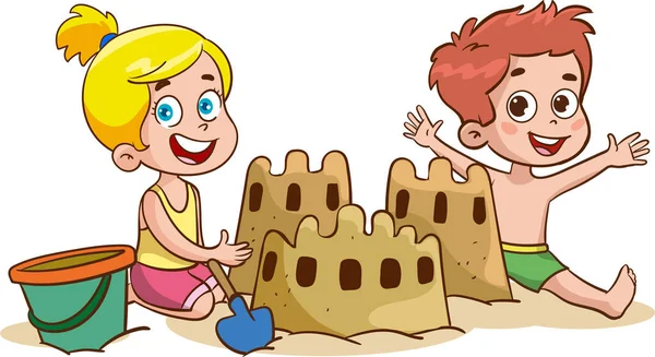 Bambini Che Fanno Castello Sabbia Spiaggia — Vettoriale Stock