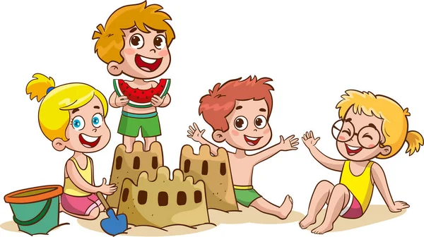 砂浜で砂の城を作る子供たち — ストックベクタ