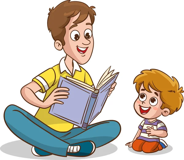 Niños Lindos Padre Leyendo Juntos Profesor Leyendo Libros Los Niños — Archivo Imágenes Vectoriales