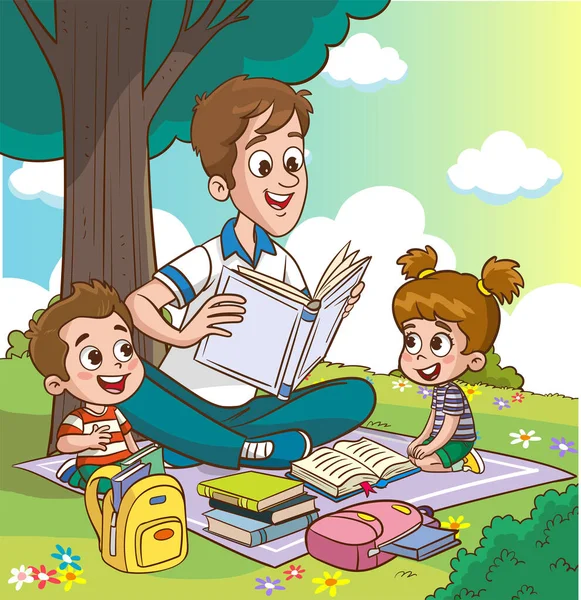 Милые Дети Отец Читают Вместе — стоковый вектор