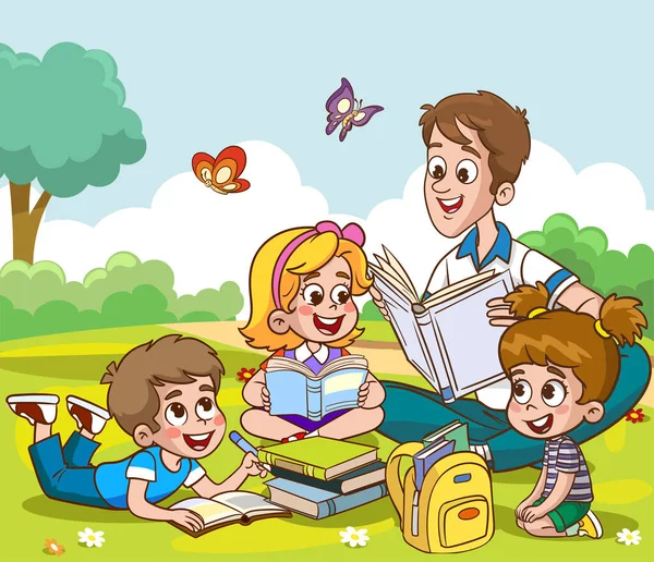Teacher Reading Book Children Parkhappy Kids Reading Book Together Kids — стоковый вектор