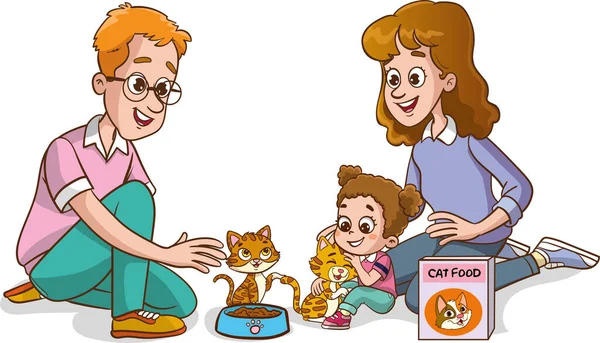 Happy Family Pets Family Feeding Cat — Archivo Imágenes Vectoriales